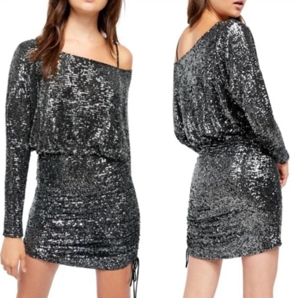 NWT Free People Long Sleeve Sequined Black Mini Cocktail Giselle Dress